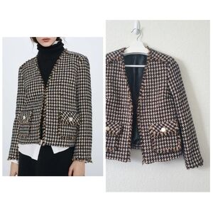 Zara Camel Tan Black Houndstooth Tweed Boxy Blazer Jacket Preppy Quiet Luxury